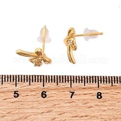 Серьги-гвоздики с бантом из латуни с микропаве из прозрачных кубических цирконий EJEW-C158-14A-G