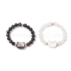 Кольца с бусинами из натурального радужного лунного камня и натурального черного турмалина&nbsp;RJEW-TA00196