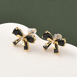 Серьги-гвоздики с бантом из латуни с микропаве из кубических цирконий&nbsp;EJEW-D337-02G