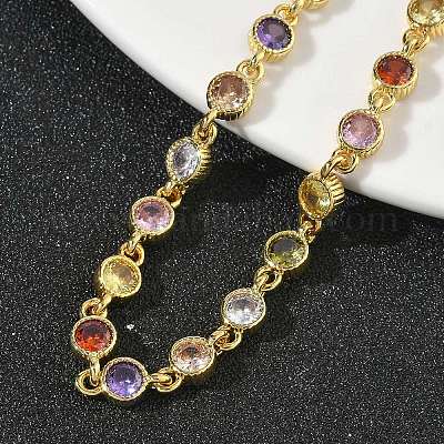 Плоские круглые латунные браслеты-цепочки с инкрустацией кубическим цирконием для женщин&nbsp;BJEW-P385-01G-1