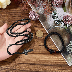 Крест полиэстер плетеные деревянные бусины молитва кулон ожерелья и эластичные браслеты наборы&nbsp;SJEW-DC0001-01