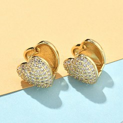 Серьги-кольца из латуни с микропаве и прозрачным кубическим цирконием в форме сердца&nbsp;EJEW-A132-15G