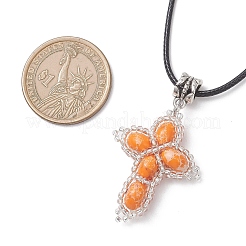 Окрашенная синтетическая императорская яшма с подвеской-крестом из стеклянных бусин&nbsp;NJEW-MZ00138