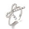 Bowknot Brass Micro Pave Clear Cubic Zirconia Open Cuff Rings for Women, with Plastic Imitation Pearl, Platinum, Bowknot: 14.5x15.5mm, Adjustable