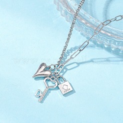 Подвеска в виде сердца с замком-ключом из сплава и кристаллами горного хрусталя&nbsp;NJEW-JN05620