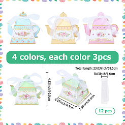 12 шт. 4-цветные 3D-бумажные подарочные коробки для конфет в форме чайника с цветочным принтом и лентой&nbsp;DIY-SP0006-39