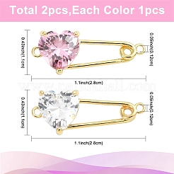 2 шт. подвески-булавки в форме сердца из латуни двух цветов с кубическим цирконием&nbsp;KK-YW0004-19