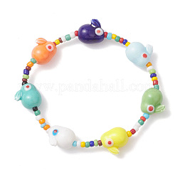 Эластичные браслеты из фарфора и стеклянных бусин с кроликом для женщин&nbsp;BJEW-TA00705