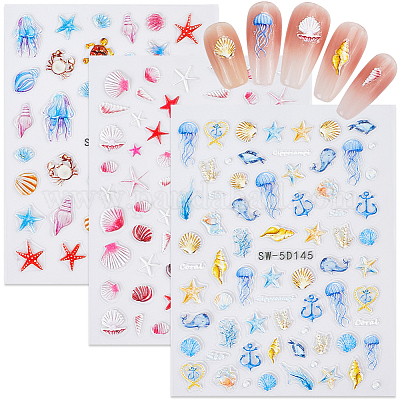 3 шт. 3 стиля пластиковых рельефных наклеек для дизайна ногтей с изображением морских животных&nbsp;MRMJ-CP0001-42A-1