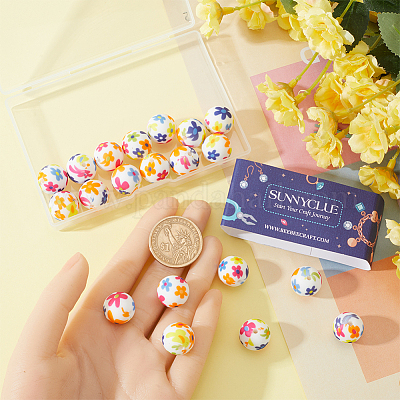 30 шт. круглые силиконовые бусины с цветочным узором SIL-SC0002-03B-1