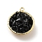 Natural Black Onyx Chip Pendants, with Rack Plating Real 18K Gold Plated Brass Findings, Round, Cadmium Free & Nickel Free & Lead Free, Dyed & Heated, 24x20x10~13mm, Hole: 1.8mm
