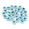 Opaque Acrylic Beads, Horizontal Hole, Flat Round with Black Random Letters, Sky Blue, 10x4.5mm, Hole: 2mm