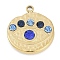 304 Stainless Steel Rhinestone Pendants, Flat Round with Eye Charm, Real 14K Gold Plated, 16x14.5x3mm, Hole: 1.4mm