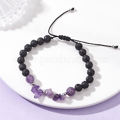 Женские плетеные браслеты из бусин из натурального аметиста и лавового камня&nbsp;BJEW-JB12924-01