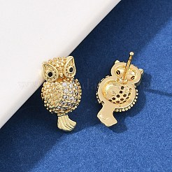 Серьги-гвоздики в форме совы из латуни с микропаве из прозрачных кубических цирконий&nbsp;EJEW-F400-15G