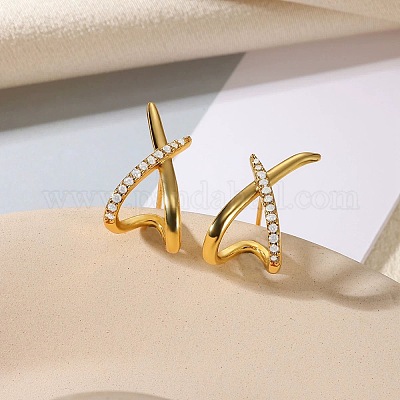 Серьги-гвоздики с крестом из прозрачного кубического циркония из латуни&nbsp;LS-EJEW-A134-02G-1