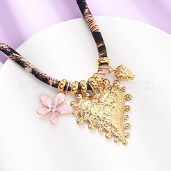 Женские ожерелья из полиэстерового шнура с леопардовым принтом и подвеской в виде розового цветка в форме сердца из нержавеющей стали 304&nbsp;NJEW-F352-04G