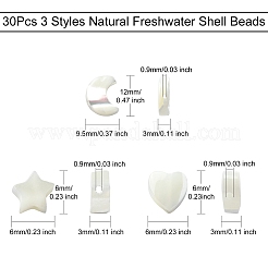 30шт 3 стиля натуральные бусины из пресноводных ракушек&nbsp;BSHE-CJ0001-09
