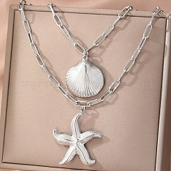 Двухслойные ожерелья в стиле бохо из нержавеющей стали 304 в форме морской звезды и ракушки для женщин&nbsp;LS-NJEW-F343-01P