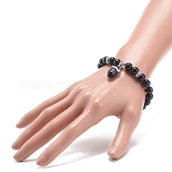 Эластичный браслет из круглых бусин из натурального обсидиана с подвесками в виде пуль&nbsp;BJEW-JB09018-05