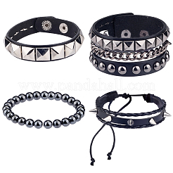 4 шт. 4 стиля панк-стиль гематитовые круглые тянущиеся браслеты и заклепочные браслеты с плетеными бисером из сплава браслеты и браслеты из искусственной кожи для мужчин и женщин&nbsp;BJEW-WH20002-09B