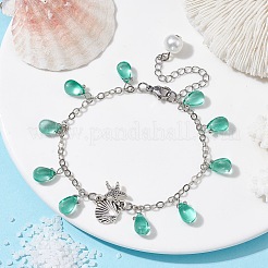 Браслеты в форме раковины морской звезды из сплава со стеклянными каплевидными подвесками&nbsp;BJEW-JB09983-02