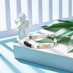 Эластичный браслет из круглых бусин из натурального жадеита и лавы&nbsp;BJEW-JB07572-02