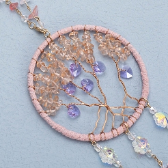 Натуральная крошка из розового кварца плоская круглая с подвесками в виде дерева жизни&nbsp;LS-TREE-PW0003-16