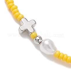 5 шт. эластичный браслет из стеклянного бисера с латунным крестиком и искусственным жемчугом&nbsp;BJEW-MZ00300