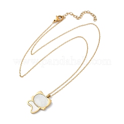 Милые ожерелья с подвеской в форме кошки из нержавеющей стали 304 с натуральным белым ракушечным узором для женщин&nbsp;NJEW-F339-01G
