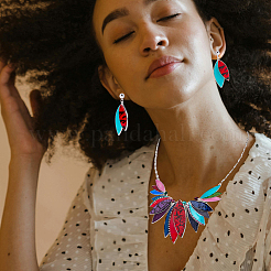 Ожерелье из сплава листьев с подвеской из искусственной кожи и серьга-гвоздик&nbsp;SJEW-CL0001-02