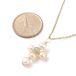 Колье с плетеным крестом из натурального зеленого авантюрина и жемчуга&nbsp;NJEW-JN03920-02