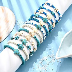 12 шт. 12 стиля синтетические окрашенные бирюзовые бусины плетеные браслеты из бисера и эластичные браслеты для женщин&nbsp;BJEW-JB11624