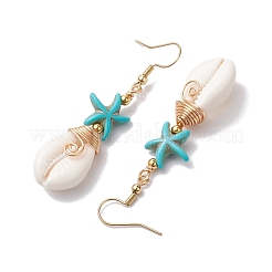 Серьги-подвески из латуни в форме морской звезды с синтетической бирюзой и ракушками каури&nbsp;EJEW-JE06141-01