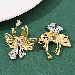 Серьги-гвоздики с бантом из латуни с микропаве из прозрачных кубических цирконий&nbsp;EJEW-P323-01G