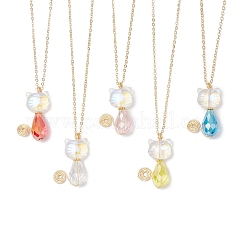 Стеклянный кулон в форме кошки латунные кабельные цепочки ожерелья для женщин&nbsp;NJEW-JN05274