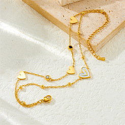 Двухслойные браслеты на лодыжку из нержавеющей стали 304 с подвеской в виде сердца из прозрачных и черных кубических цирконий и натуральной белой ракушки&nbsp;FS-WG8082B-01