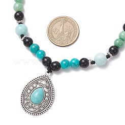 Сплав паве синтетическая бирюза каплевидный кулон выпечка окрашенные круглые стеклянные бусины плетеные ожерелья&nbsp;NJEW-JN05312