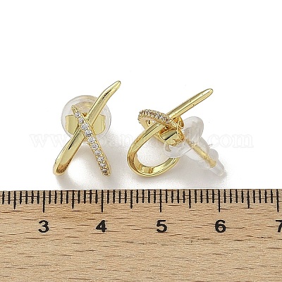 Серьги-гвоздики с крестом из прозрачного кубического циркония из латуни&nbsp;LS-EJEW-A134-02G-1