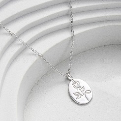 925 овальное ожерелье из стерлингового серебра с выгравированным цветком розы для женщин&nbsp;NJEW-D316-03P