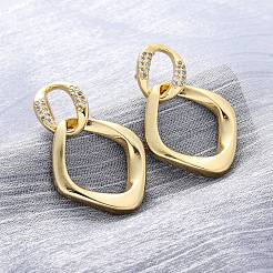 Серьги-гвоздики с ромбами из латуни с микропаве из прозрачных кубических цирконий&nbsp;EJEW-R025-12G