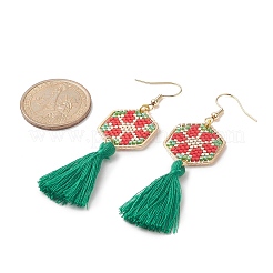 Плетеные шестиугольные серьги с подвесками из стеклянных косточек EJEW-MZ00052-03