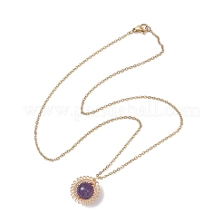 Женское ожерелье-цепочка из нержавеющей стали 304 с подвеской в виде цветка из натурального аметиста и медной проволоки&nbsp;NJEW-JN05616-01