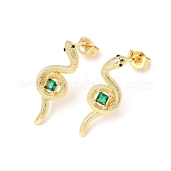Серьги-гвоздики из латуни с микропаве из кубического циркония в форме змеи&nbsp;EJEW-A135-09G