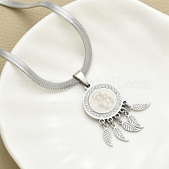 Ожерелья с подвеской в виде пера из нержавеющей стали 201 с плоским круглым кубическим цирконием&nbsp;NJEW-H055-04P