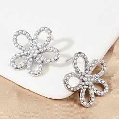 Серьги-гвоздики из искусственного жемчуга с цветком из латуни и АБС-пластика&nbsp;EJEW-M082-07P