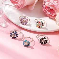 Кольца с цветком из натуральной черной шпинели&nbsp;RJEW-JR00764