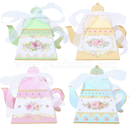 12 шт. 4-цветные 3D-бумажные подарочные коробки для конфет в форме чайника с цветочным принтом и лентой&nbsp;DIY-SP0006-39-1