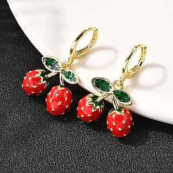Серьги-подвески с клубникой из латуни и эмали&nbsp;EJEW-L305-04G