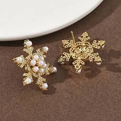 Серьги-гвоздики из латуни с микропаве из кубических цирконий в форме снежинки&nbsp;EJEW-G452-03G